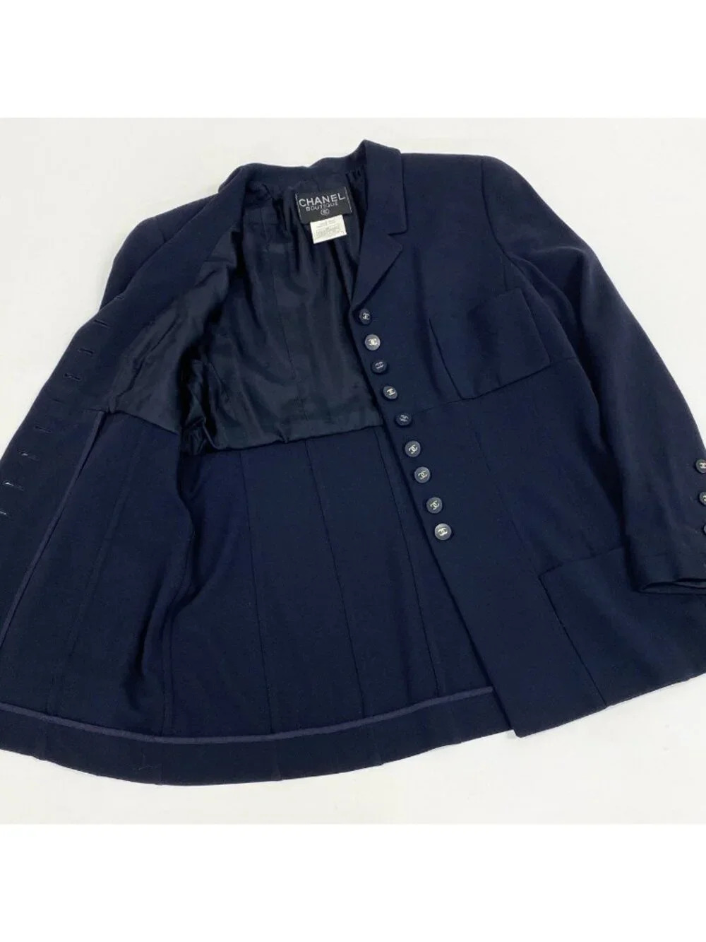 Chanel Vintage Long Tailored Jacket CC Logo Button 42 Dark Navy Wool